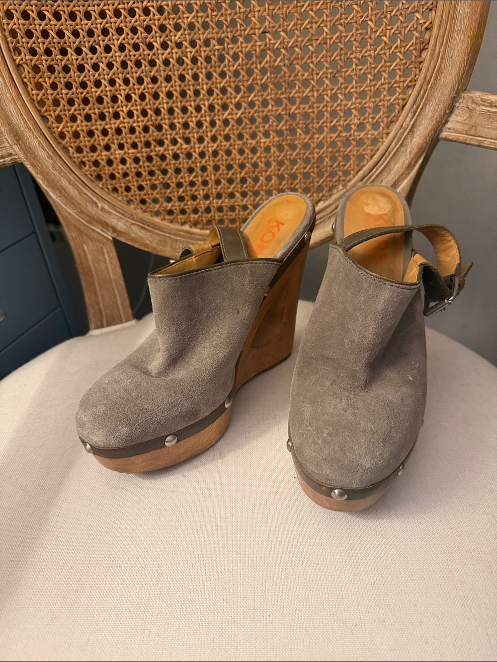 Gray Suede Wedge Clogs with Studded Wood Platform